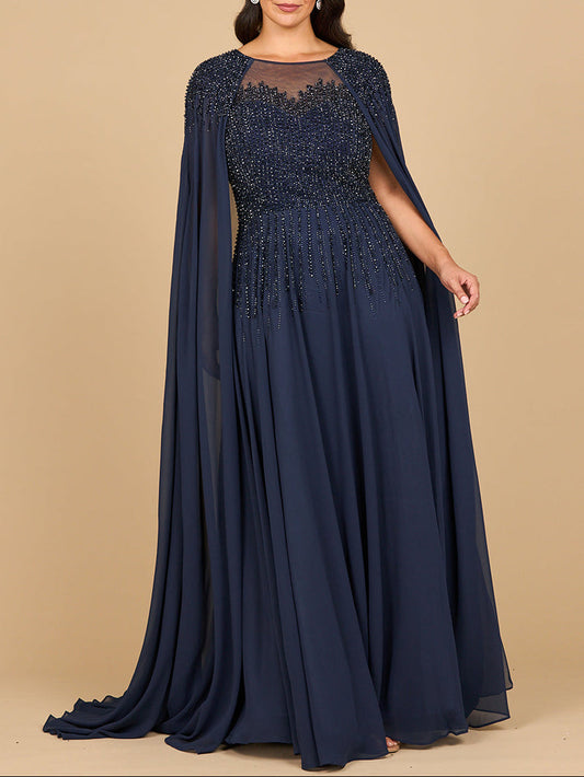 Lara 28943- Chiffon A-line Long Gown with Long Cape Sleeves Lara New York