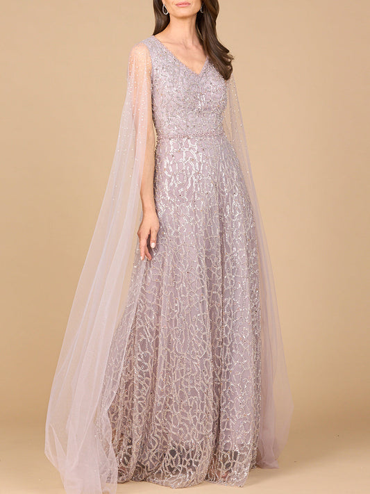 Beaded Lace Gown with Cape Sleeves Lara New York