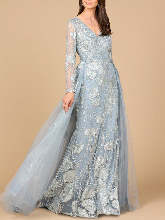 Long Sleeve Lace Gown with Overskirt Lara New York