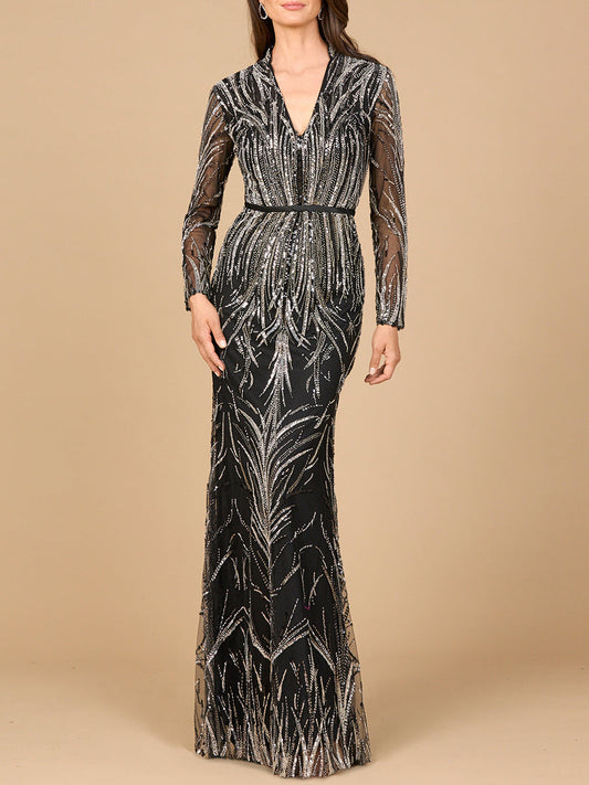 Mandarin V-Neck Gown with Long Sleeves Lara New York