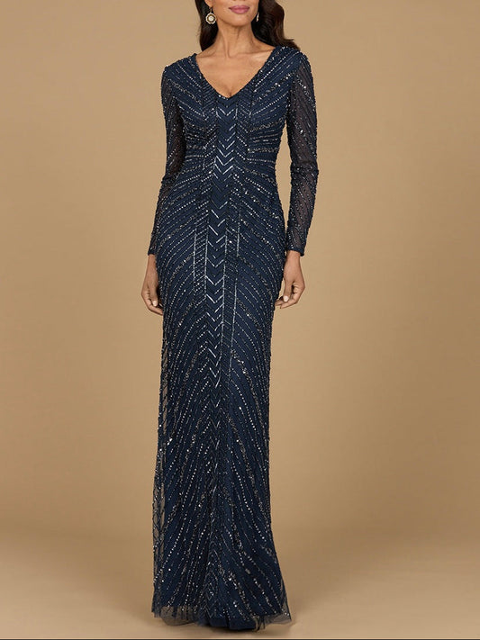 Long Sleeve Linear Focus Beaded Gown Lara New York