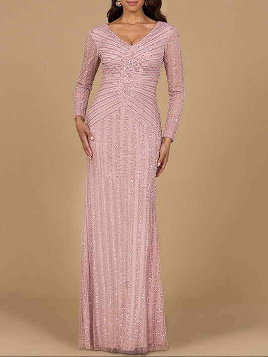Long Sleeve Linear Beaded Gown Lara New York