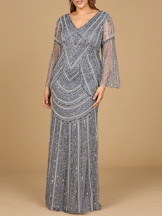 Long Sleeve Beaded Gown with Trumpet Sleeves Lara New York