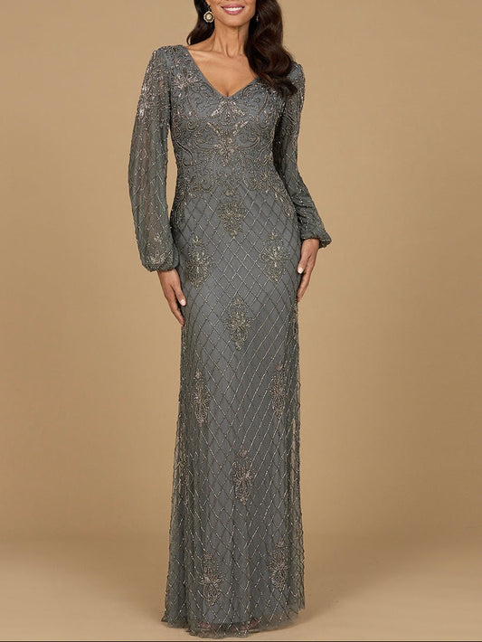 Long Sleeve Beaded Gown with Bishop Sleeves Lara New York