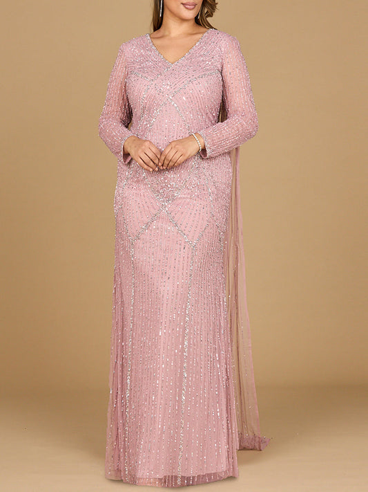 Long Sleeve Beaded Gown with Cape Lara New York