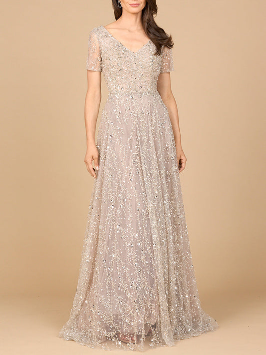 Short Sleeve V-Neck Beaded Ballgown Lara New York
