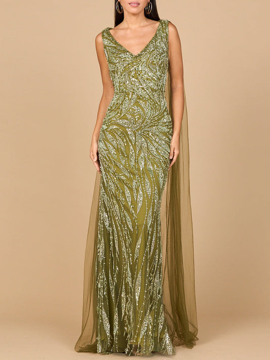 V-Neck Gown with Long Cape Sleeves Lara New York