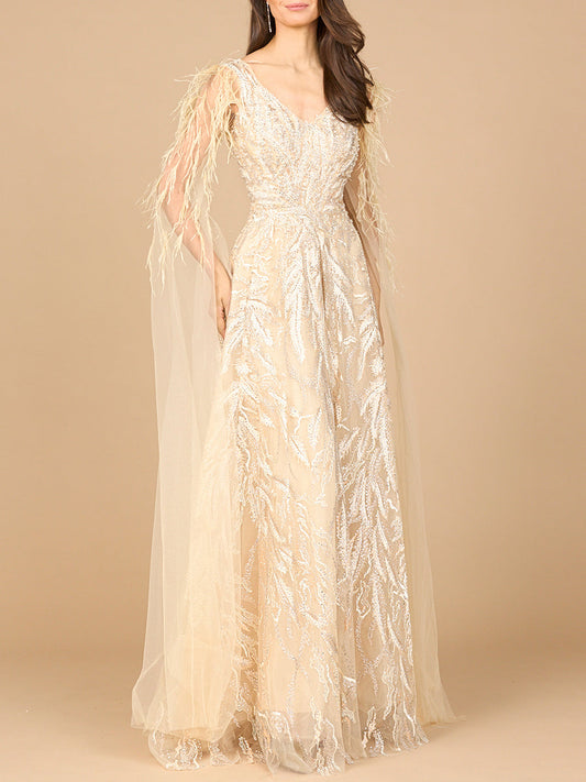 V-Neck Lace Gown with Cape Sleeves Lara New York