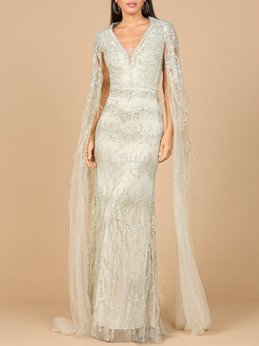 V-Neck Gown with Long Cape Sleeves and Feathers Lara New York