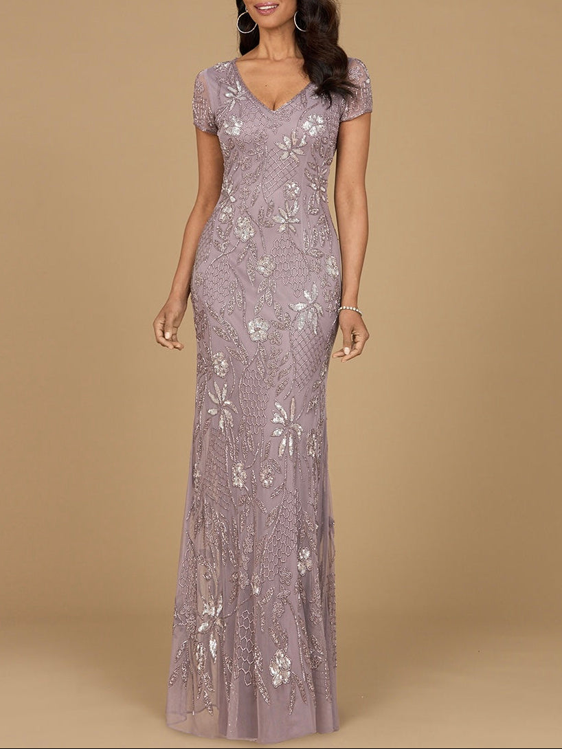 V-Neck, Short Sleeve Beaded Gown Lara New York