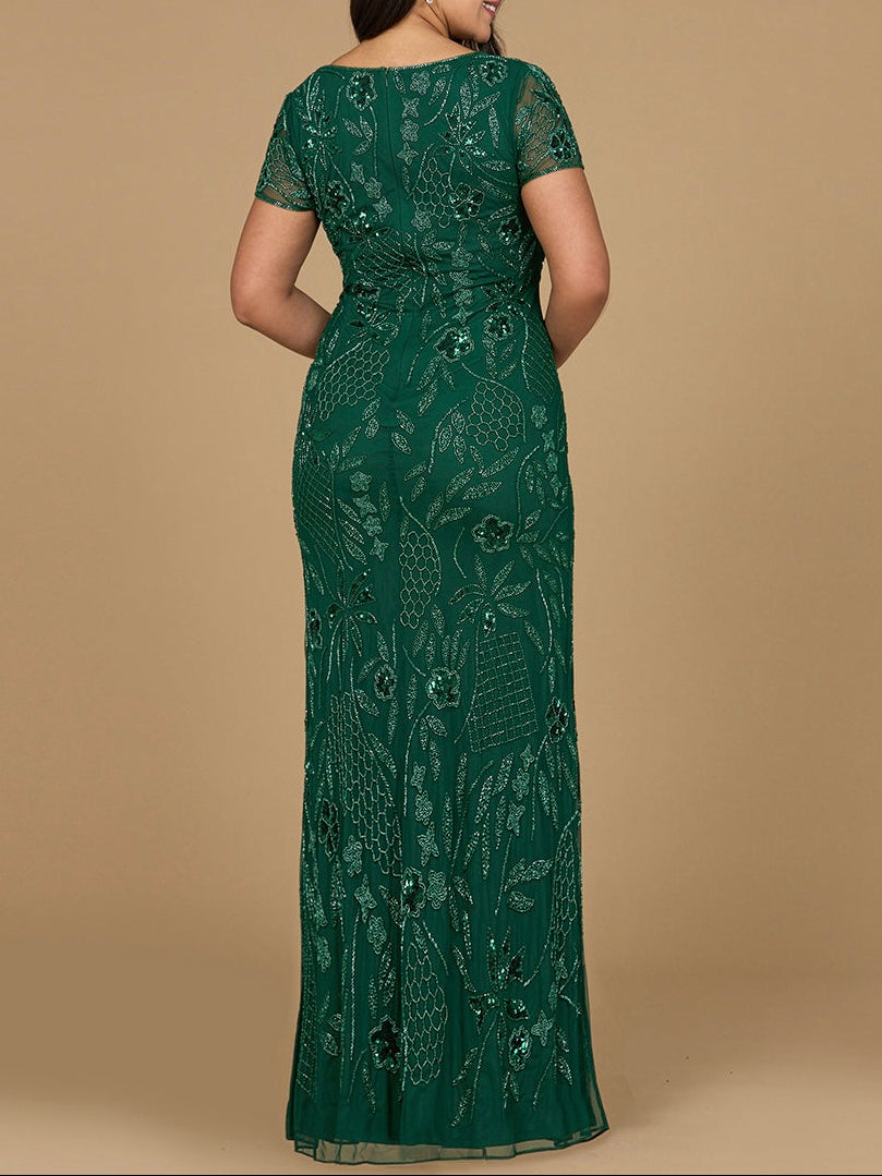 V-Neck, Short Sleeve Beaded Gown Lara New York
