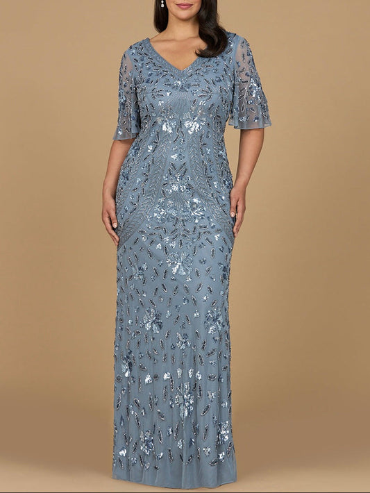 V-Neck, Cape Sleeve Beaded Gown Lara New York