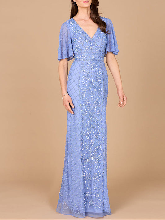 V-Neck, Cape Sleeve Beaded Gown with Belt Lara New York