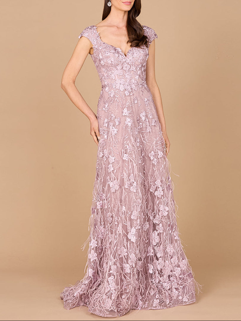 Cap Sleeves, A-line Dress with Feathers Lara New York