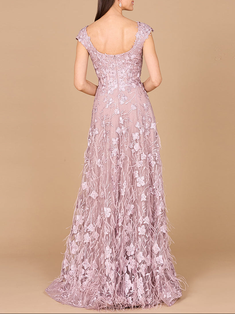 Cap Sleeves, A-line Dress with Feathers Lara New York