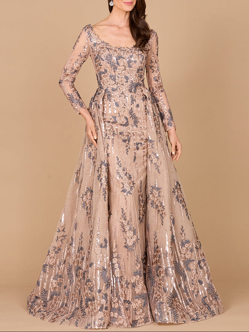 Long Sleeve Scoop Neck Lace Gown with Overskirt Lara New York