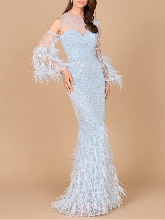Cold Shoulder Mermaid Lace Gown with Feathers - OUTLET Lara New York