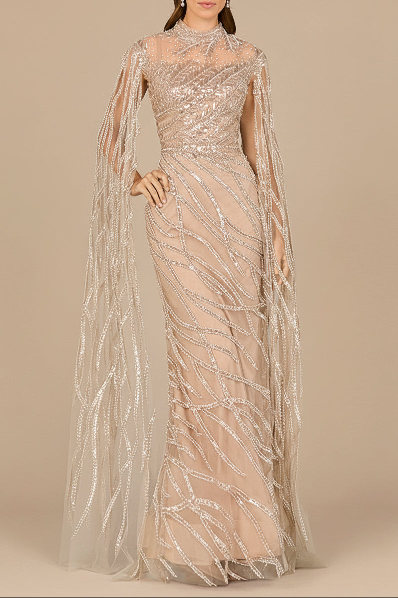 High Neck Gown with Long Cape Sleeves Lara New York