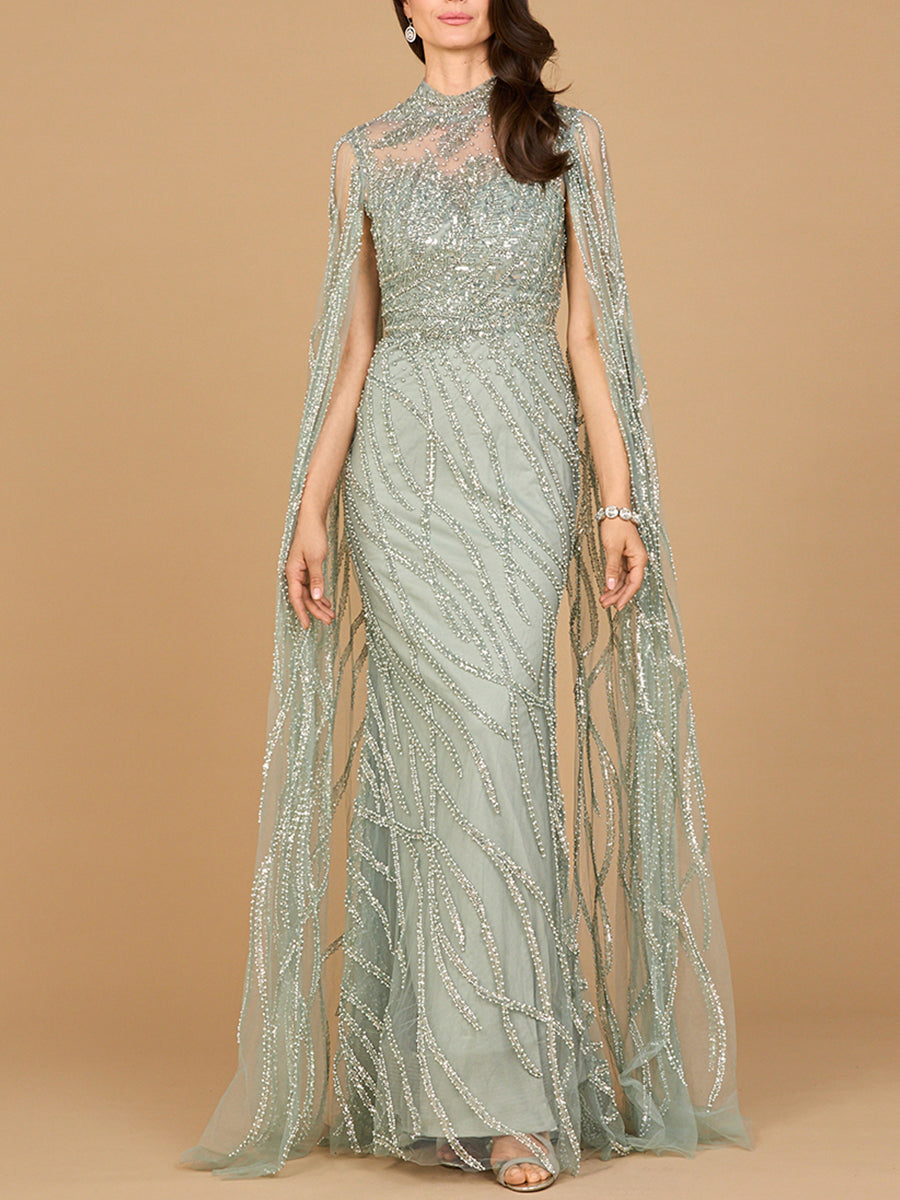 High Neck Gown with Long Cape Sleeves Lara New York