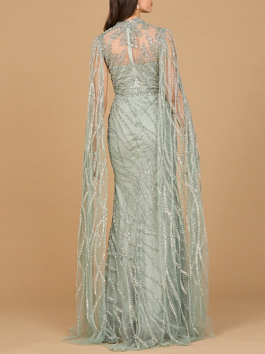 High Neck Gown with Long Cape Sleeves Lara New York