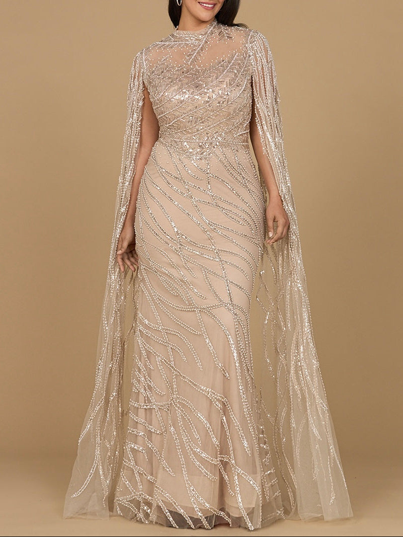 High Neck Gown with Long Cape Sleeves Lara New York
