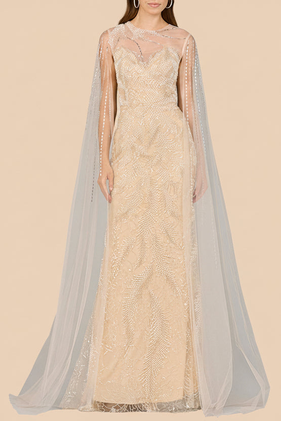 Long Cape Beaded Gown Lara New York