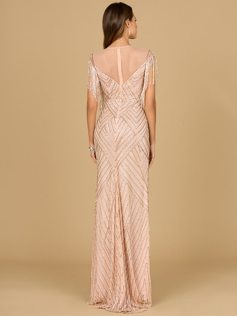 Beaded Fringe Illusion Dress with Cap Sleeves Lara New York