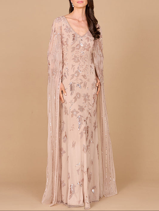 Beaded Sheath Dress with Long Cape Lara New York