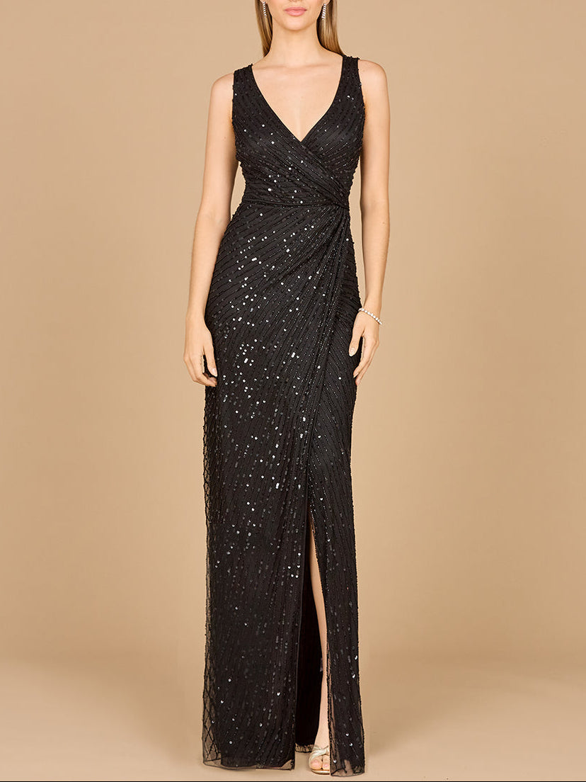 Beaded Black Gown with Slit Lara New York