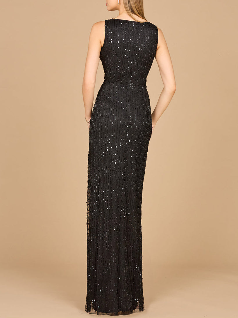 Beaded Black Gown with Slit Lara New York