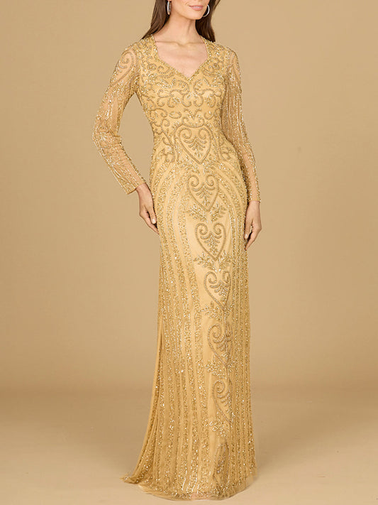 V Neck Beaded Long Sleeve Dress Lara New York