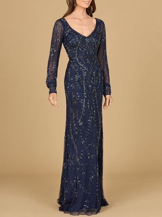 V-Neck Beaded Gown with Sleeves Lara New York