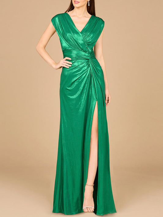 V-Neck Metallic Dress with Slit - OUTLET Lara New York