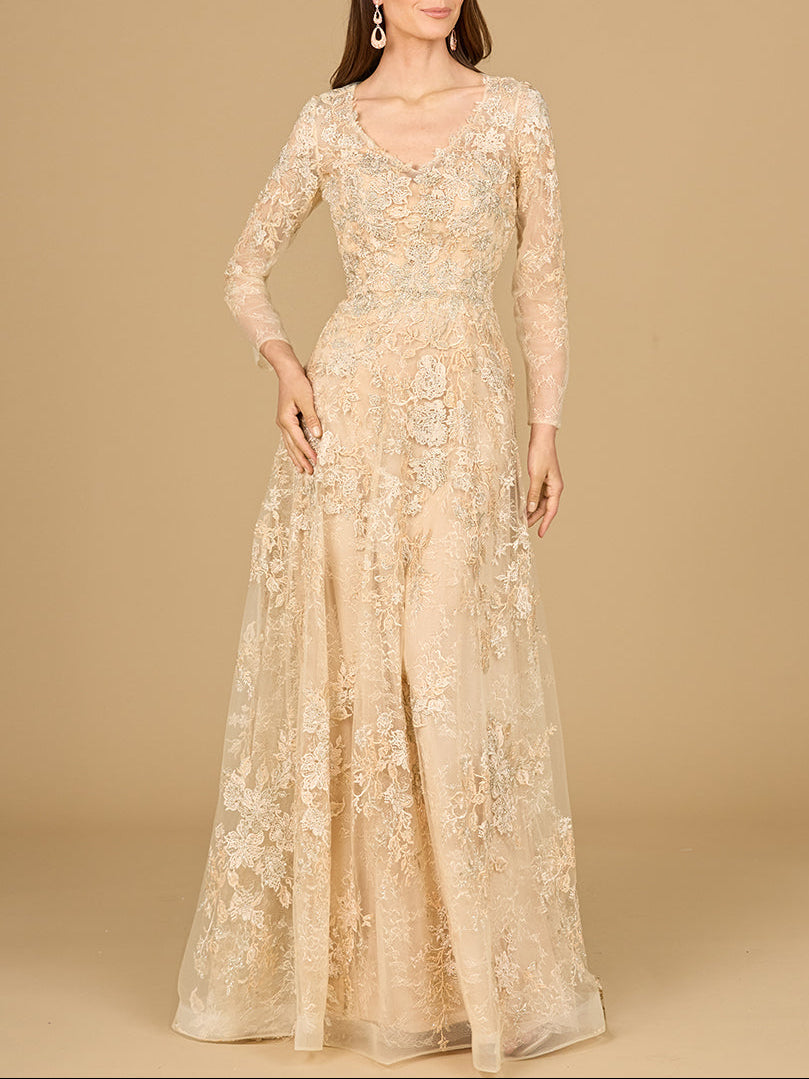 Lace Ballgown with Long Sleeves Lara New York