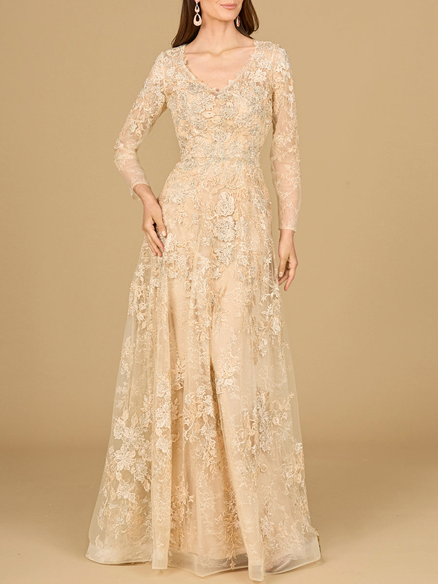 Lace Ballgown with Long Sleeves Lara New York
