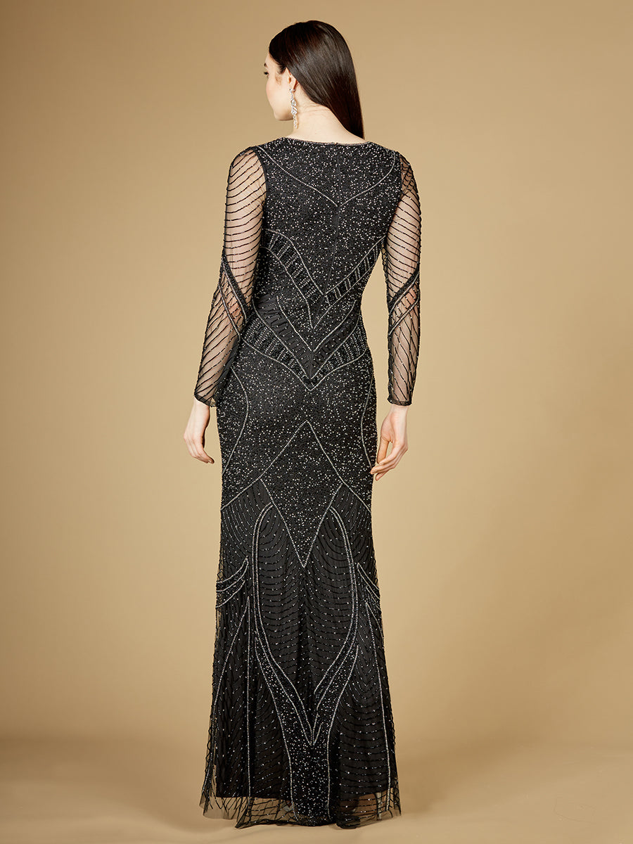Long Sleeve Beaded Dresses with Sheer Sleeves - OUTLET Lara New York