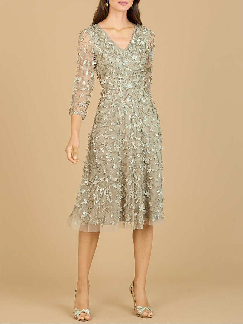 Flowing, 3D Embroidered Midi Dress with Sleeves Lara New York