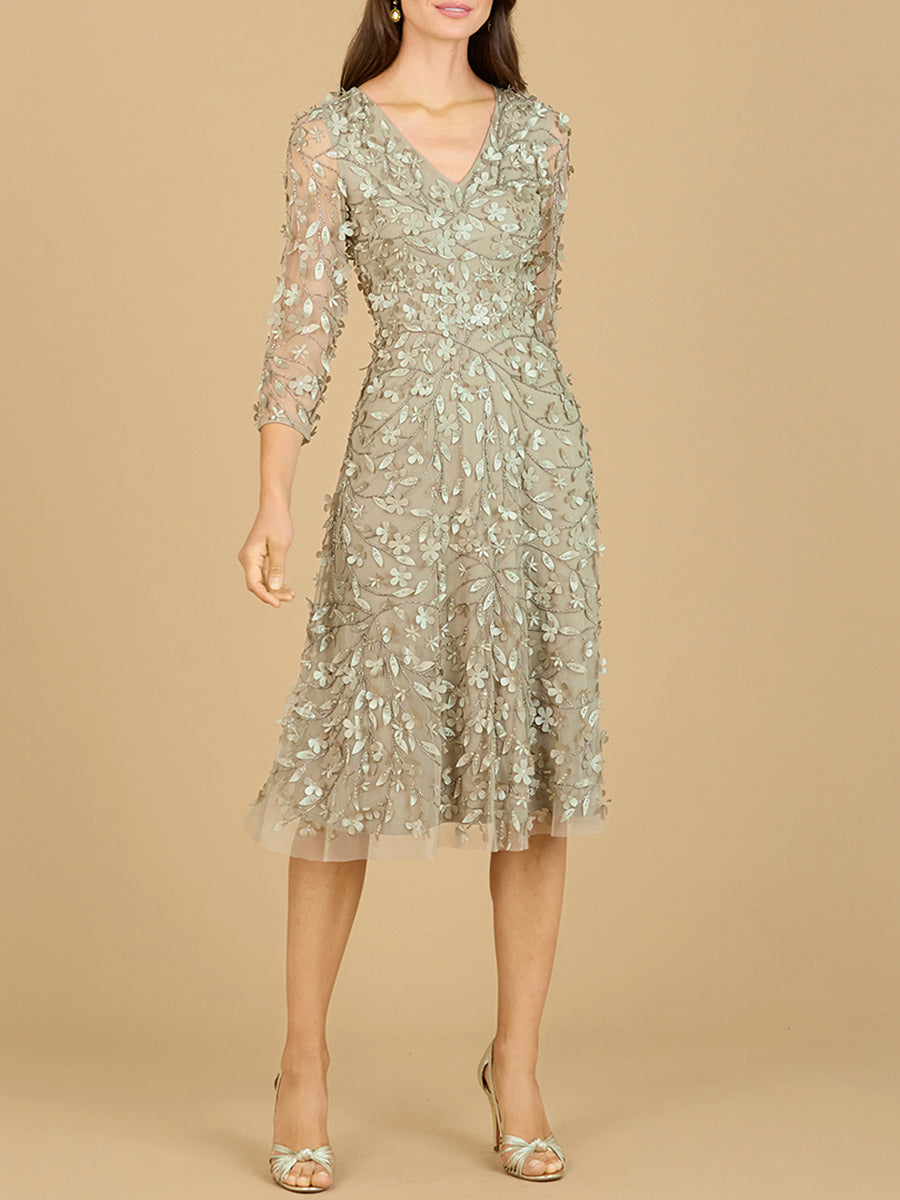 Flowing, 3D Embroidered Midi Dress with Sleeves Lara New York