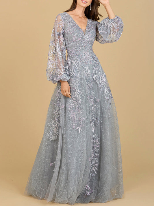 V Neckline Balloon Sleeve Gown Lara New York