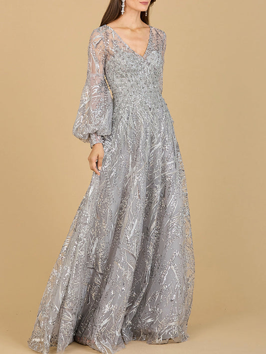 V Neckline Long Sleeve Gown Lara New York
