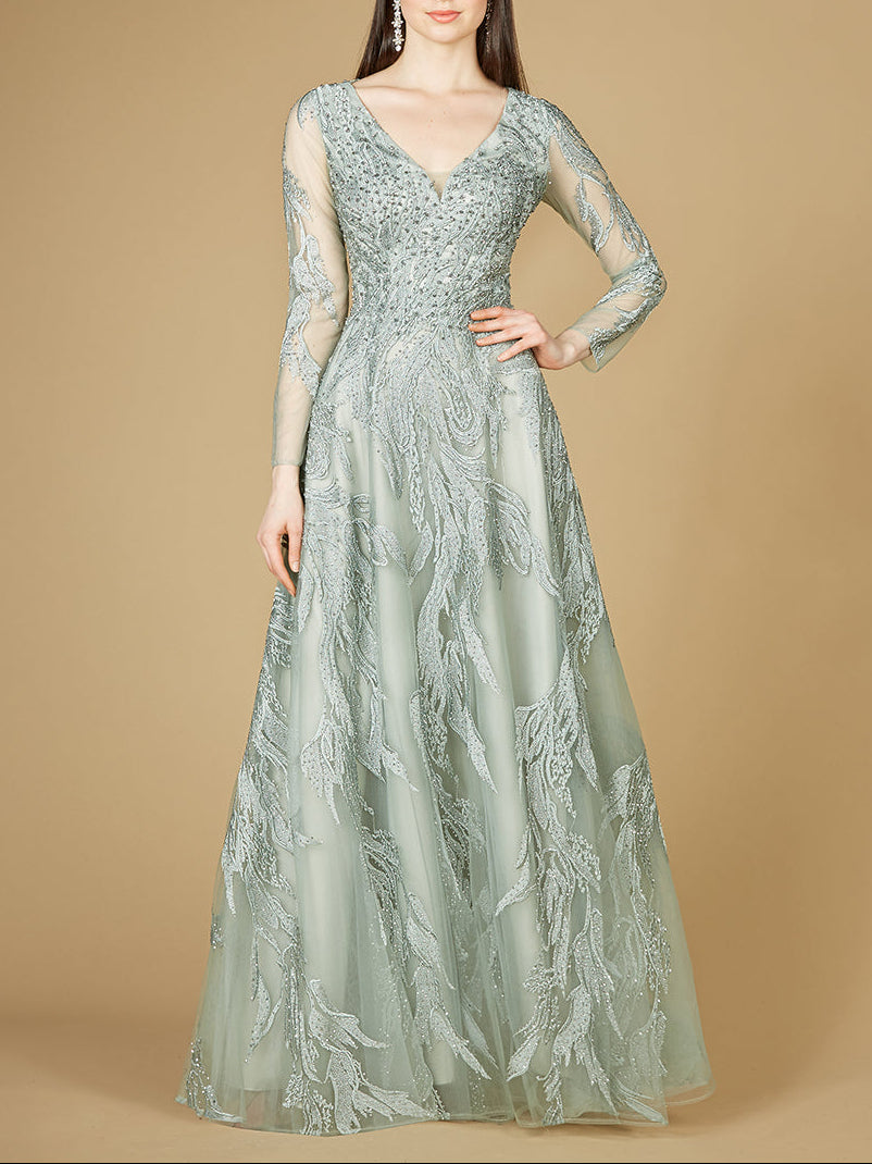 Long Sleeve Lace Ballgown with V-Neck Lara New York