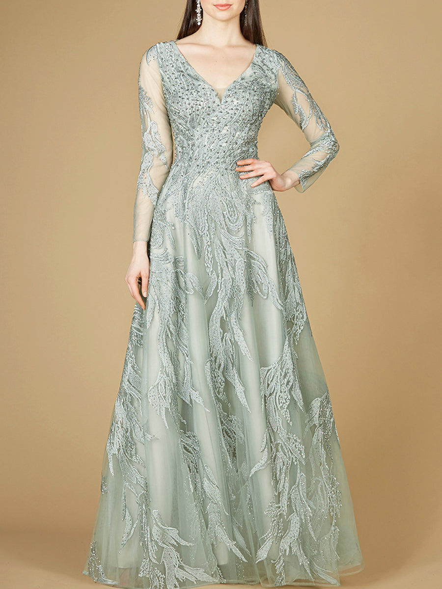 Long Sleeve Lace Ballgown with V-Neck Lara New York