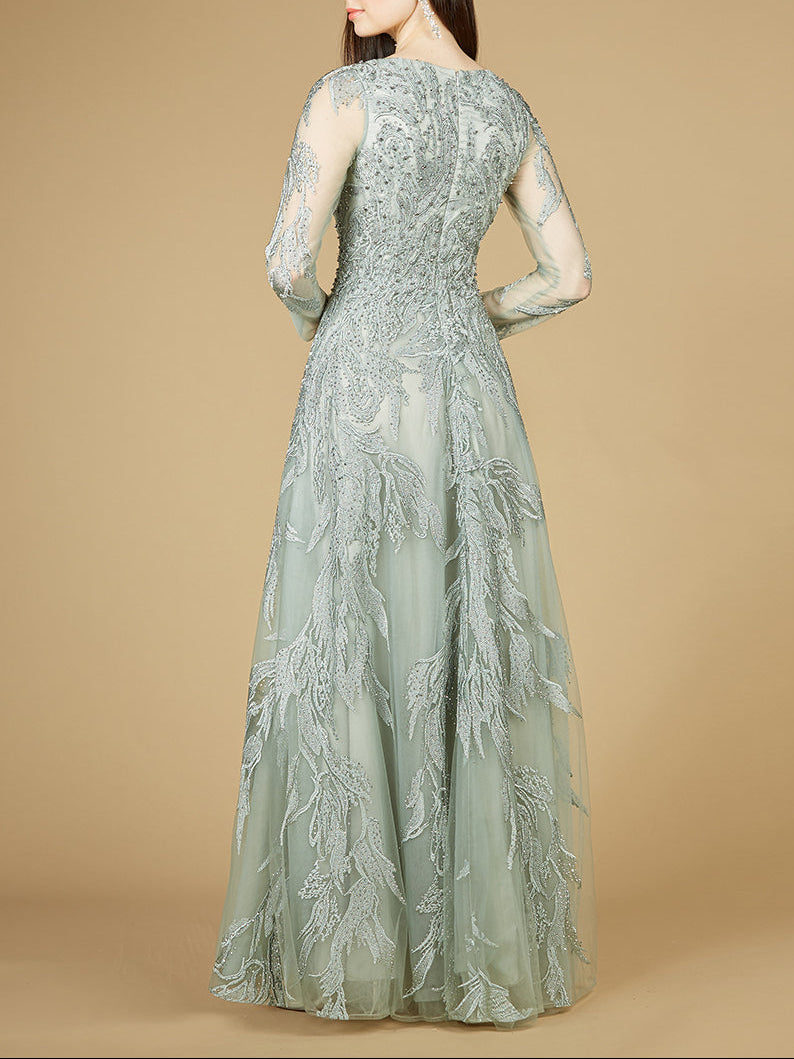 Long Sleeve Lace Ballgown with V-Neck Lara New York