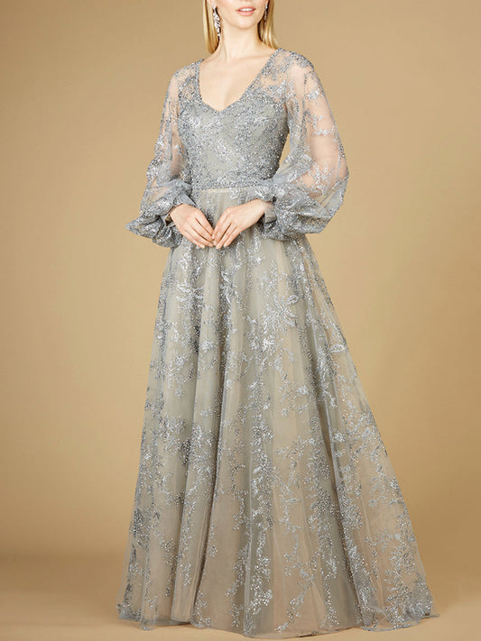 V Neckline Balloon Sleeve Gown Lara New York