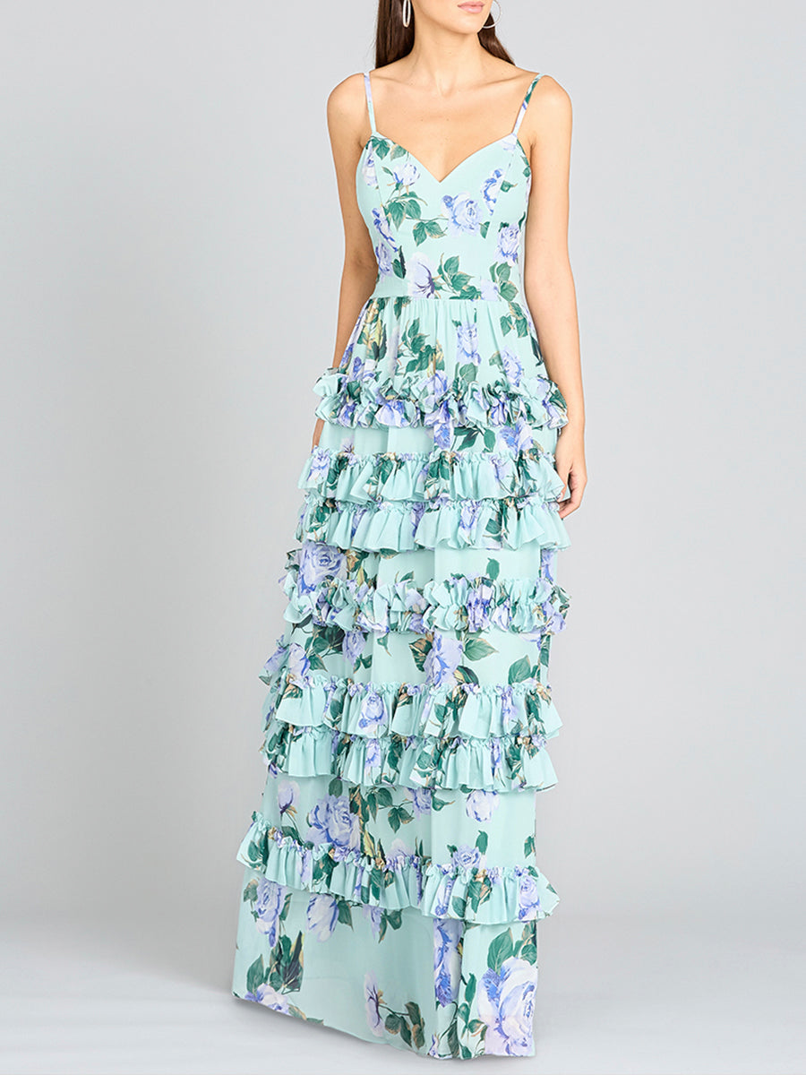 Ruffle Skirt Printed Gown with Spaghetti Straps - OUTLET Lara New York
