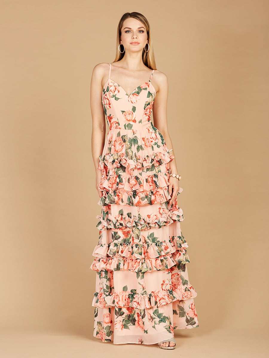 Ruffle Skirt Printed Gown with Spaghetti Straps - OUTLET Lara New York