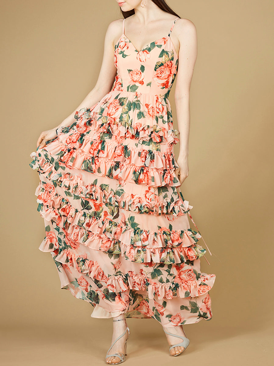 Ruffle Skirt Printed Gown with Spaghetti Straps - OUTLET Lara New York