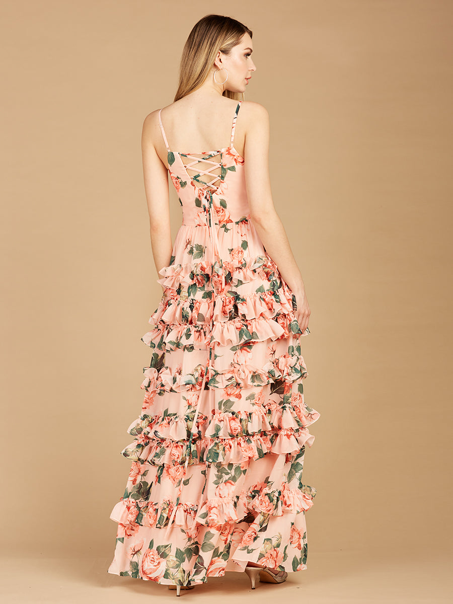 Ruffle Skirt Printed Gown with Spaghetti Straps - OUTLET Lara New York