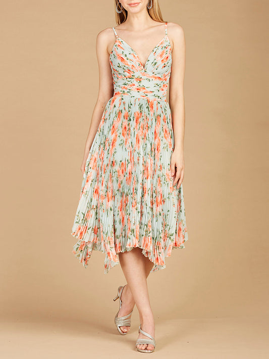 V-Neck Printed Midi Length Dress with Pleats - OUTLET Lara New York