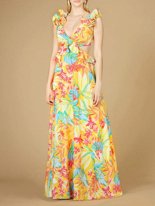 V-Neck Long Print Gown with Ruffled Straps - OUTLET Lara New York